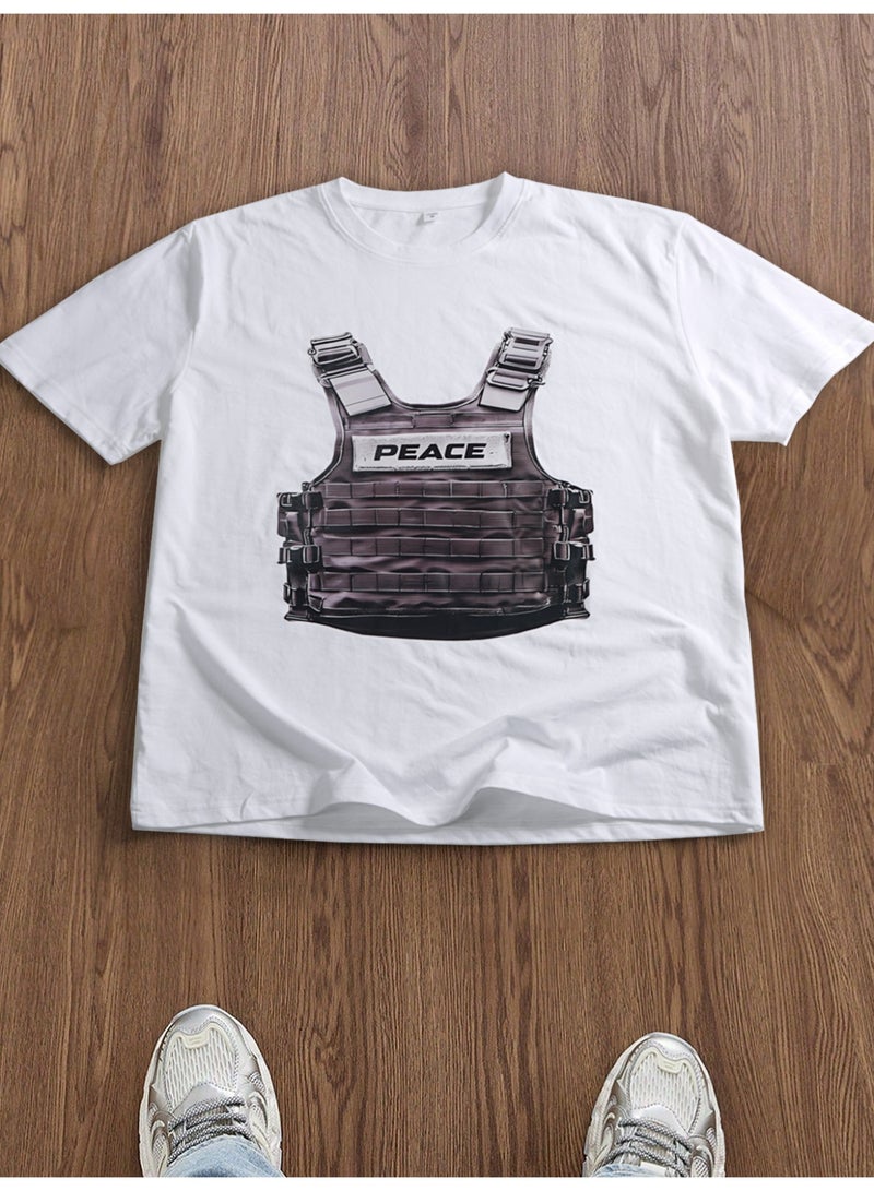 Men's White Peace Bulletproof Vest Print T-Shirt Short Sleeve Casual Streetwear Tee - Image 1